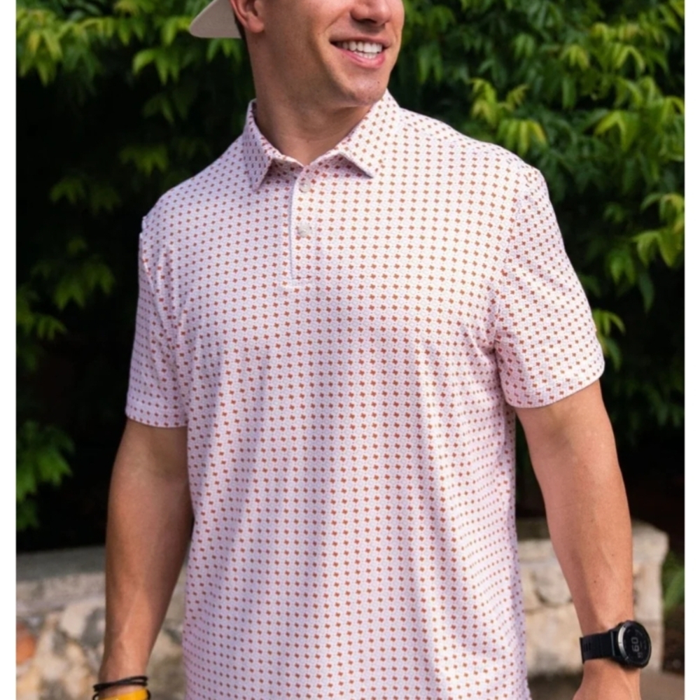 BURLEBO Performance Polo Men's XXL White & Burnt Orange Texas Patterned (0011)
